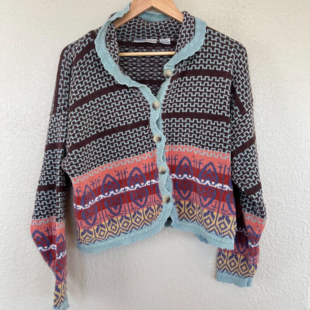 Vintage Boho Knit Cardigan Sweater Eclectic Large Colorful Teal Brown - Picture 2 of 8